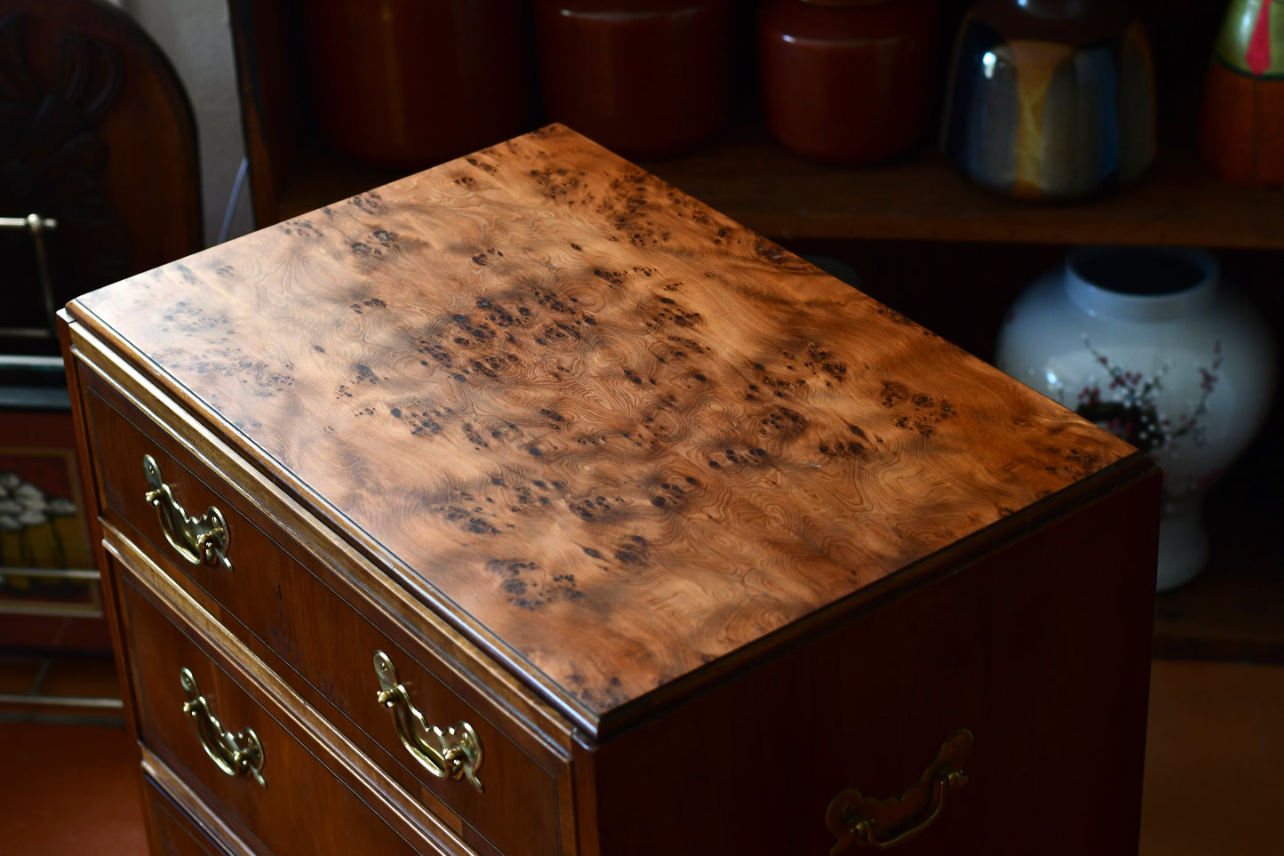 Vintage Baker Furniture Georgian Burled Wood & Mahogany Chest Of Drawers