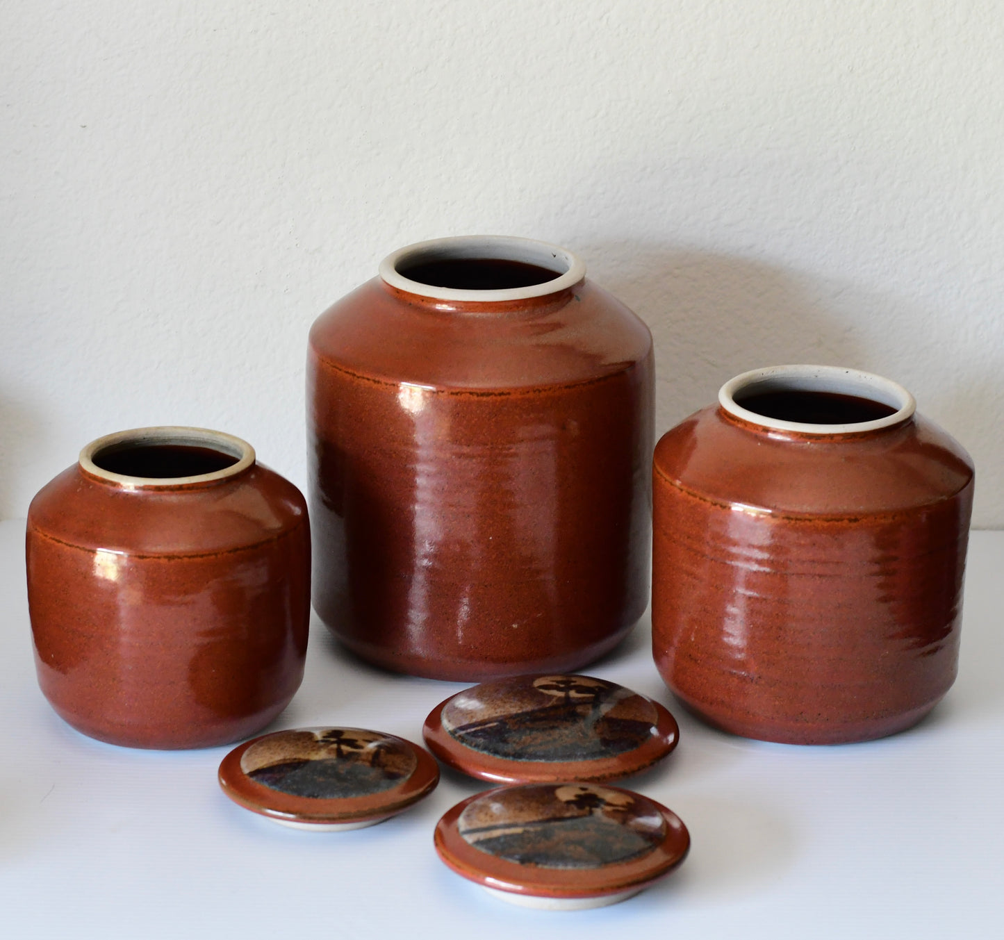 Vintage Set Of Three Studio Pottery Jars Containers Signed DH