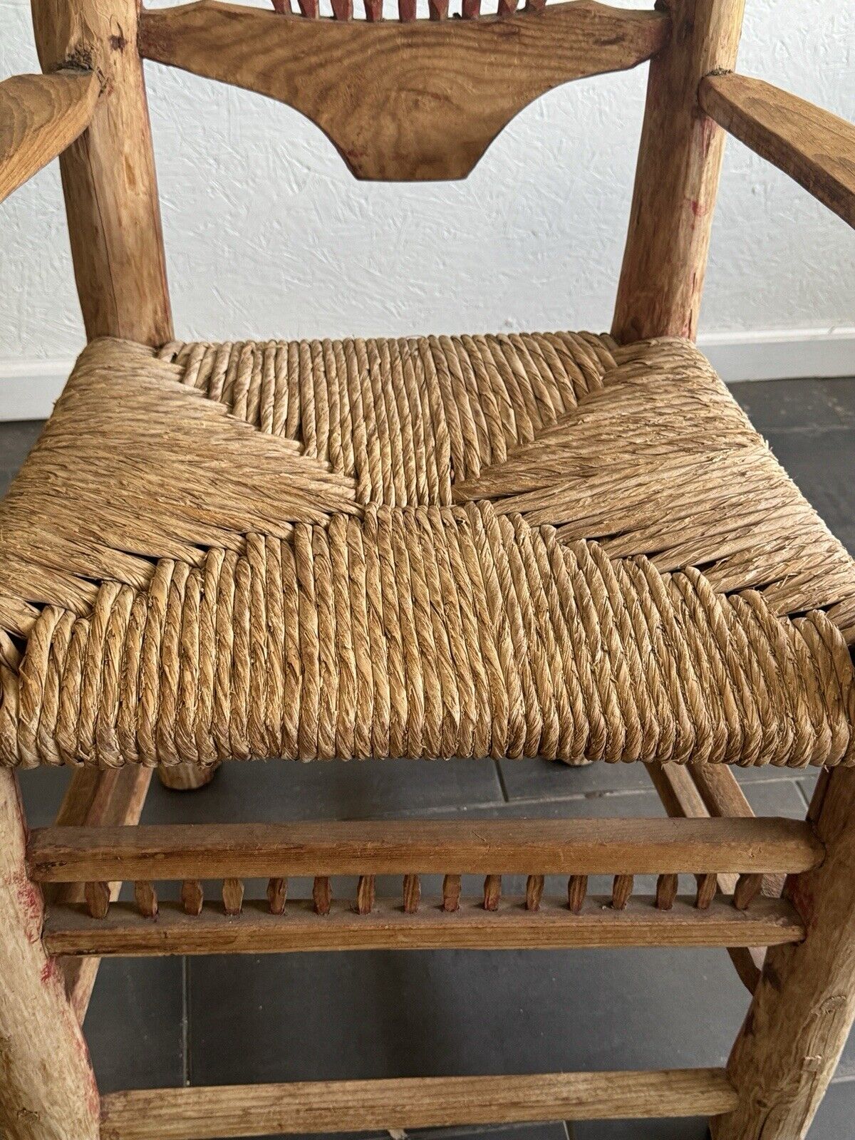 Vintage Handmade Mexican Wooden & Rush Armchair Southwestern