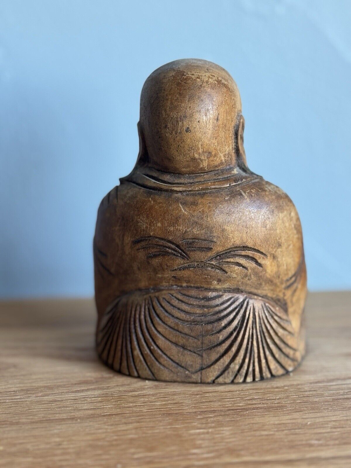 Antique Handcarved Wood Laughing Buddha Sculpture