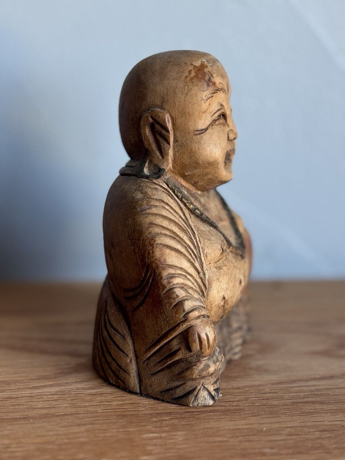 Antique Handcarved Wood Laughing Buddha Sculpture