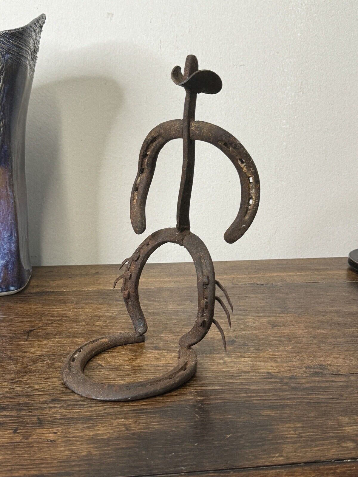 Vintage Horseshoe Bow Legged Cowboy Sculpture Metal Art MCM