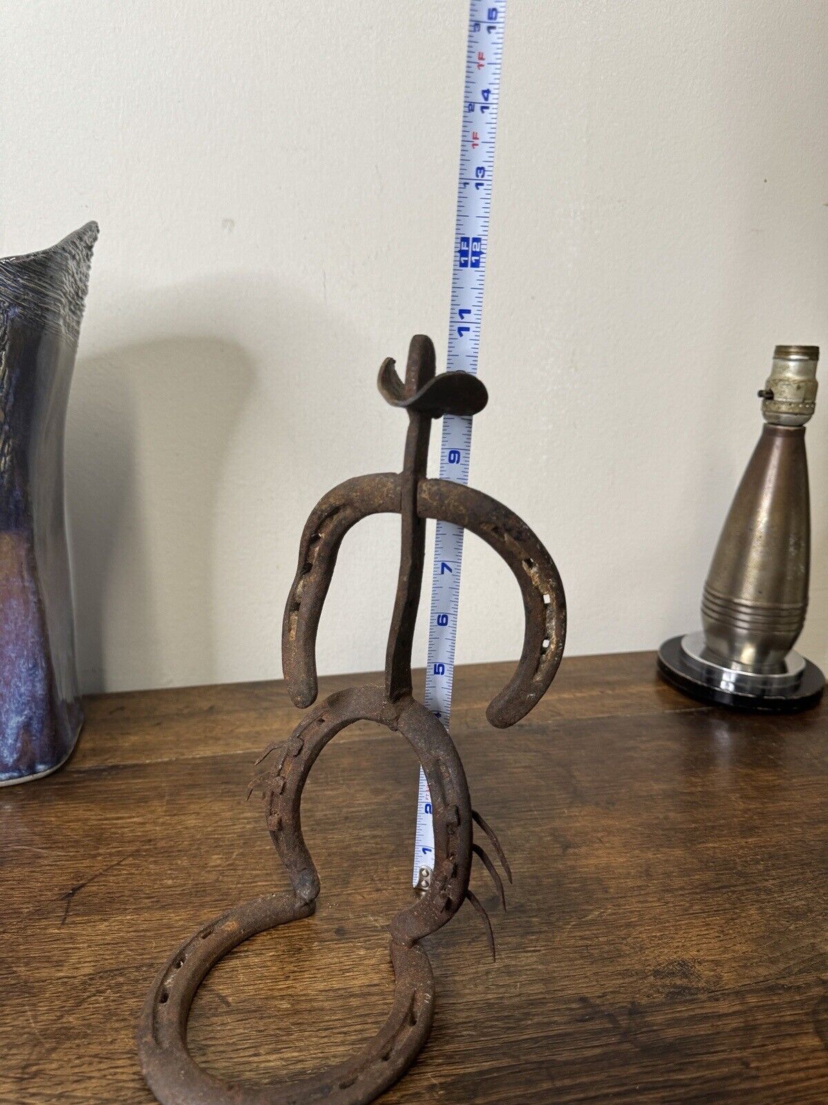 Vintage Horseshoe Bow Legged Cowboy Sculpture Metal Art MCM