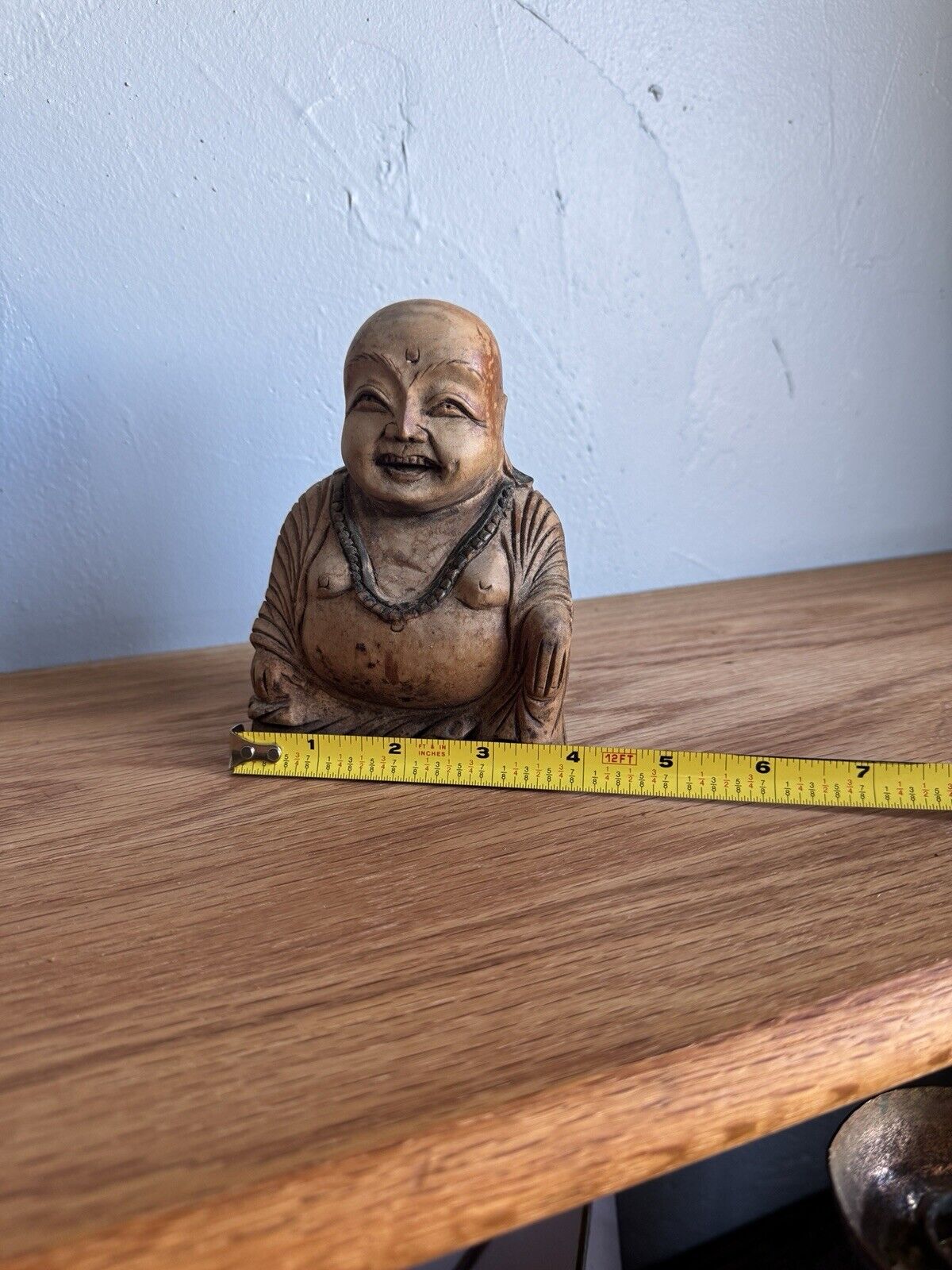 Antique Handcarved Wood Laughing Buddha Sculpture