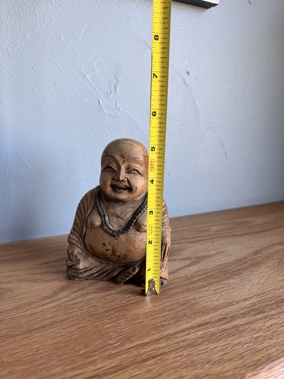 Antique Handcarved Wood Laughing Buddha Sculpture