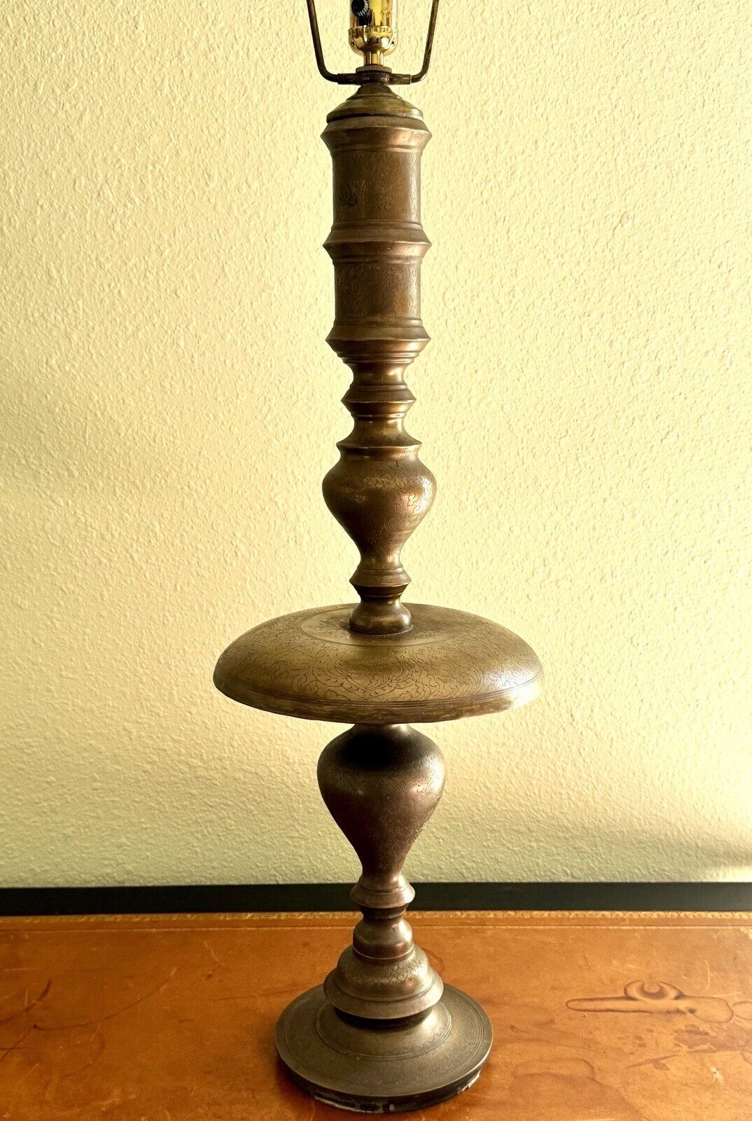 Vintage Mid Century Incised Brass Lamp 40” Tall