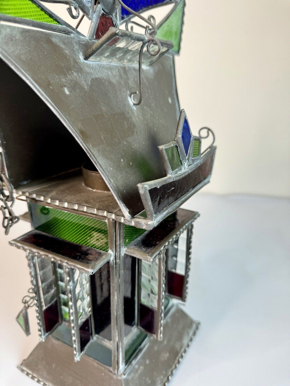 Vintage Asian Stained Glass Pendant Hanging House Oil Lamp