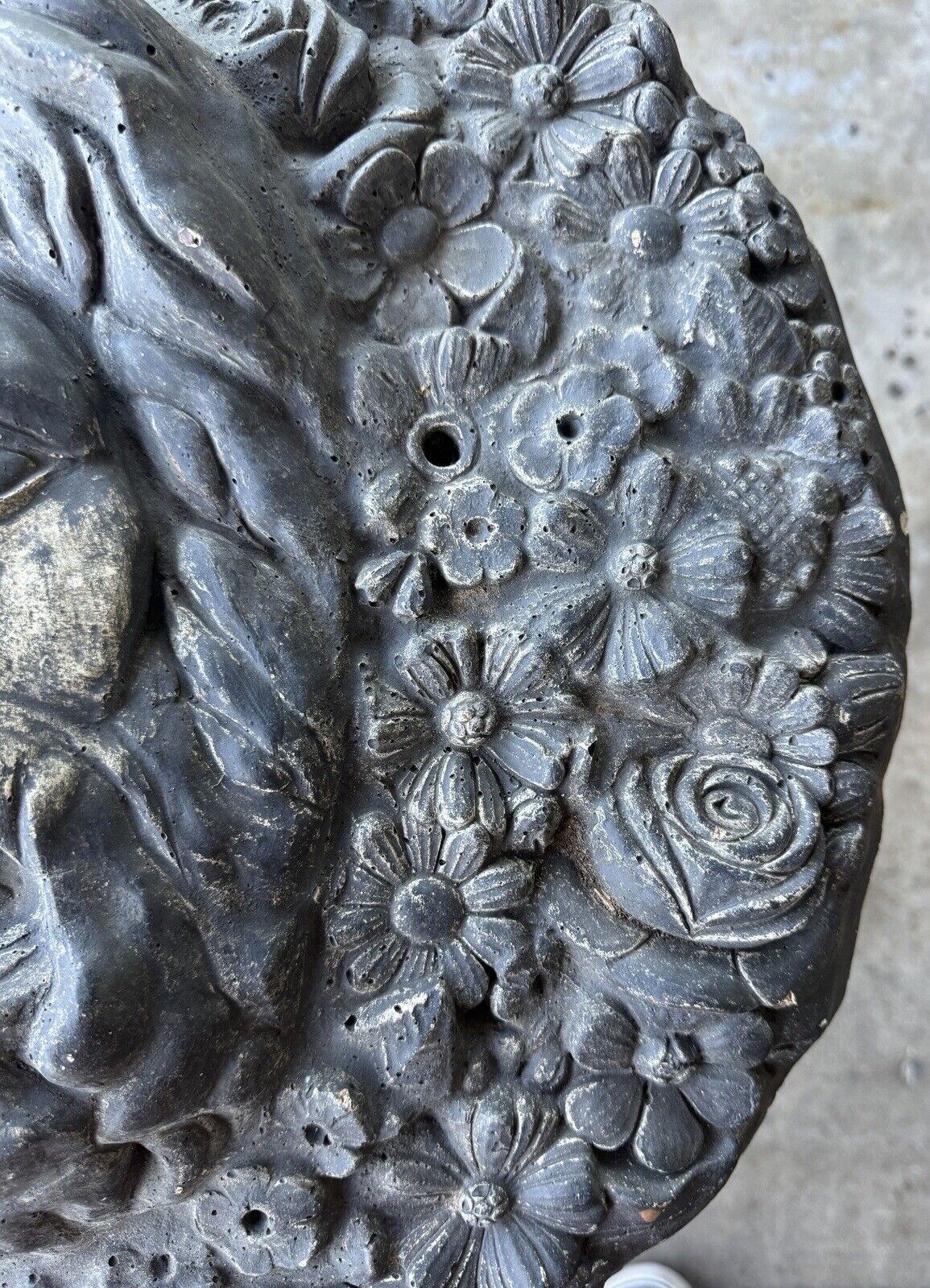 Vintage Cast Concrete Cement Figural Floral Face Sculpture Plaque 19” Diameter