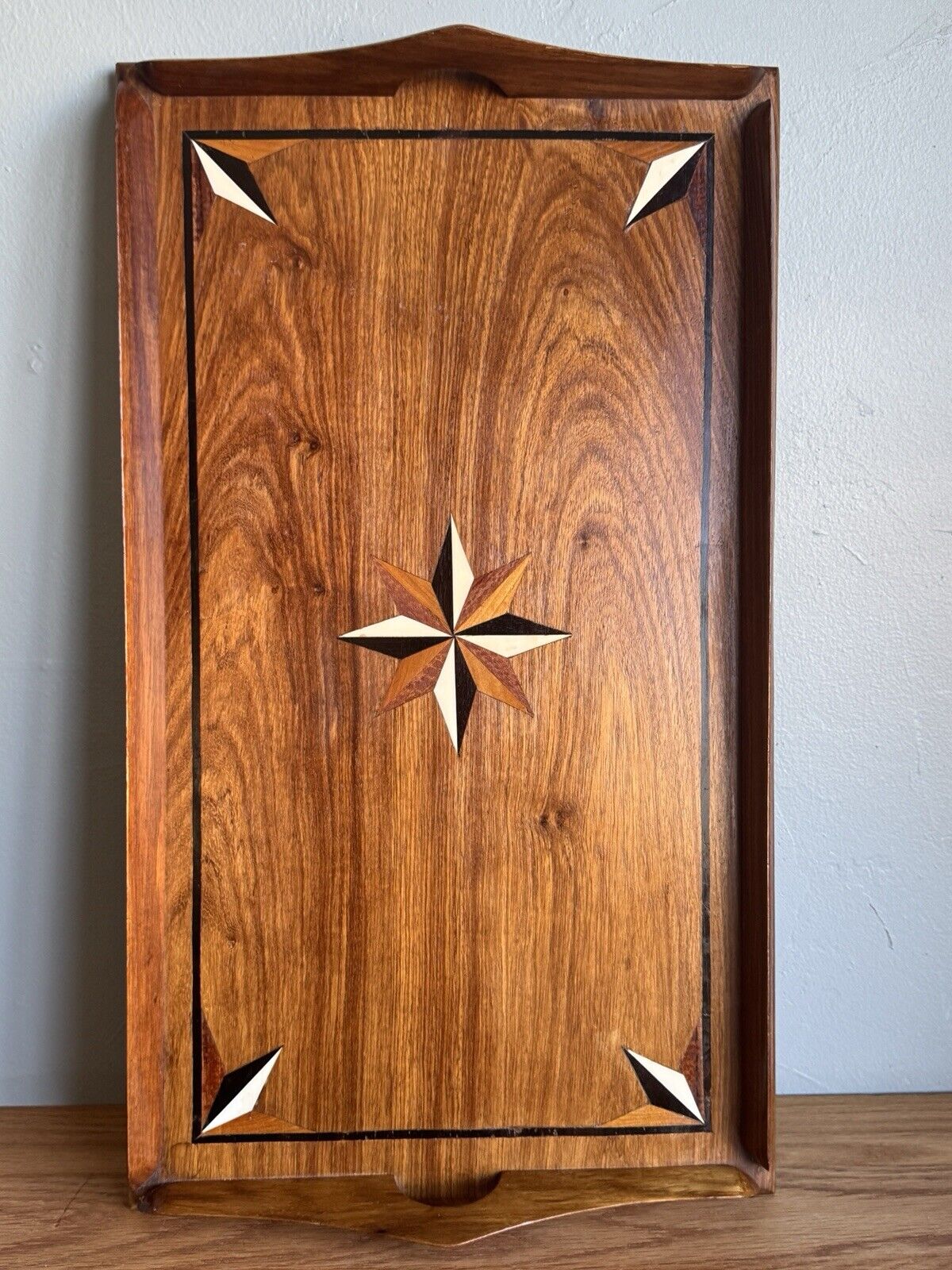 Vintage Austrian Marquetry Serving Tray Mixed Wood Star Inlay 20th Century
