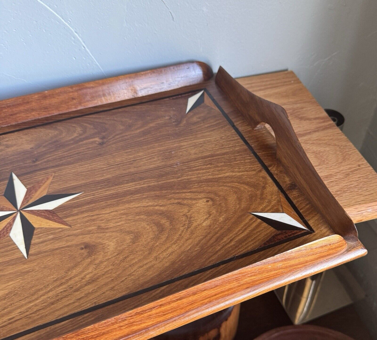 Vintage Austrian Marquetry Serving Tray Mixed Wood Star Inlay 20th Century