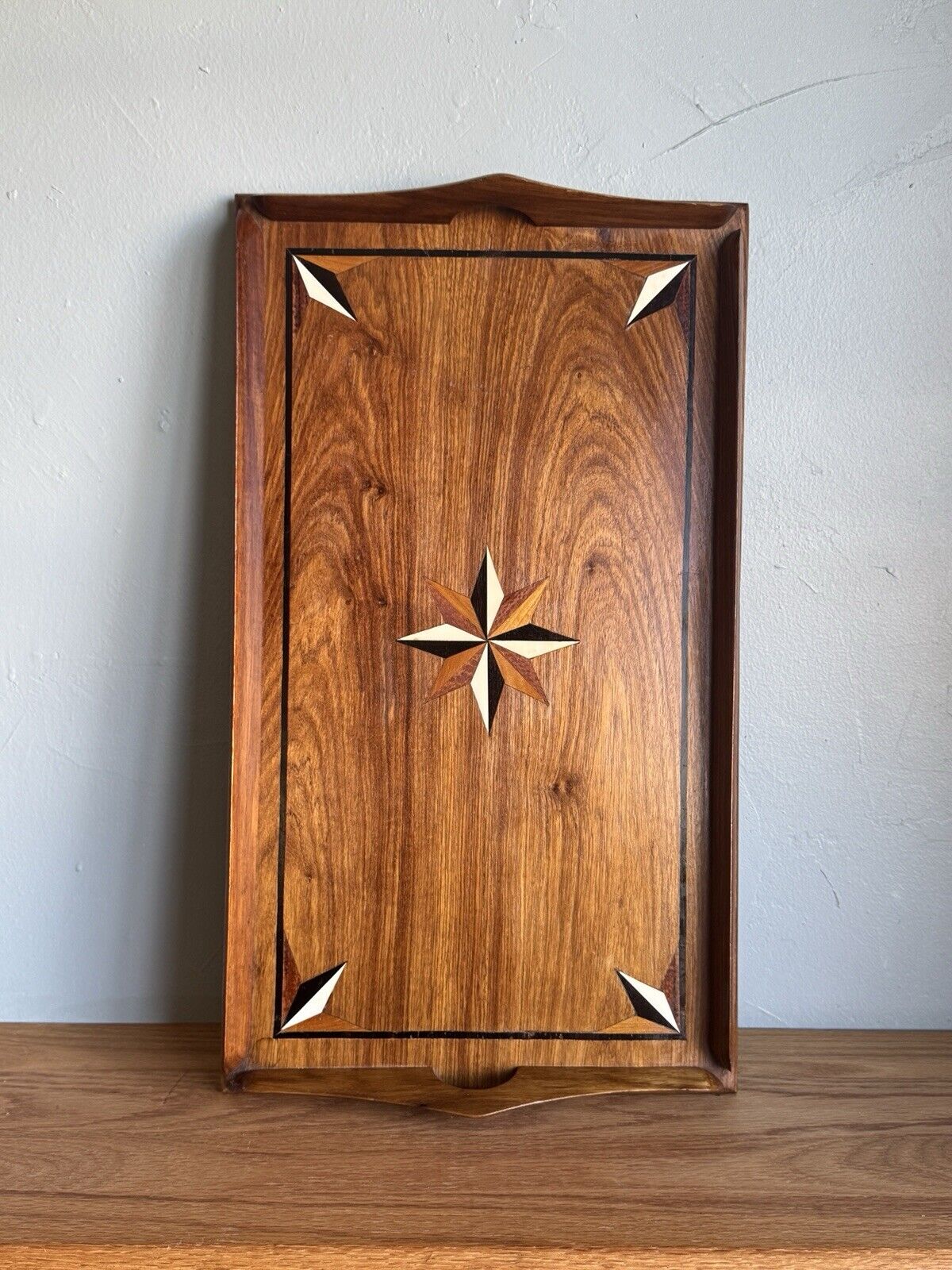 Vintage Austrian Marquetry Serving Tray Mixed Wood Star Inlay 20th Century