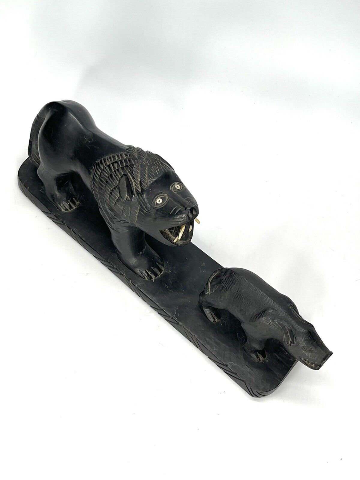 Vintage Lion & Boar Ebony Wood Hand Carved Sculpture