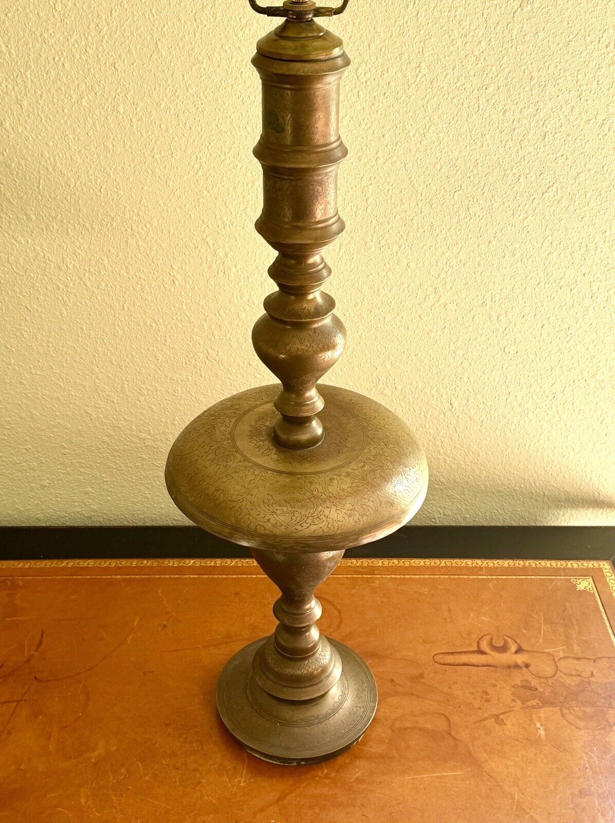 Vintage Mid Century Incised Brass Lamp 40” Tall