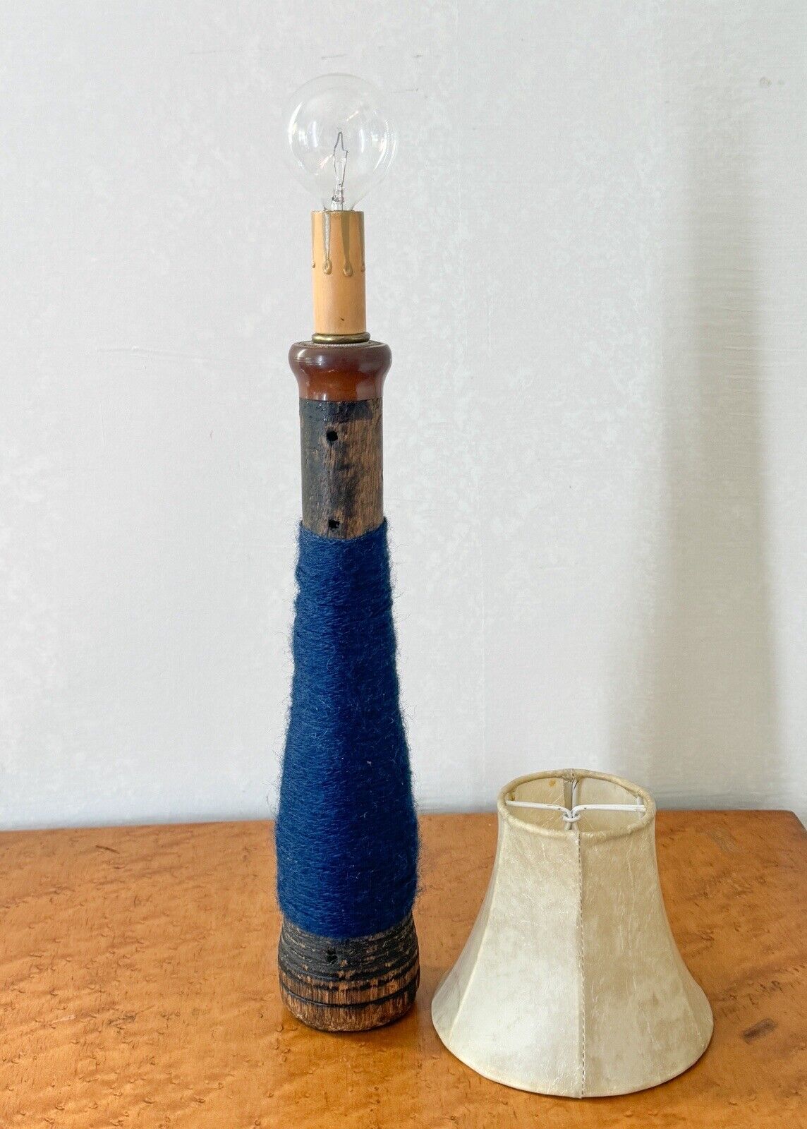 Vintage Blue Wool Quill Bobbin Lamp