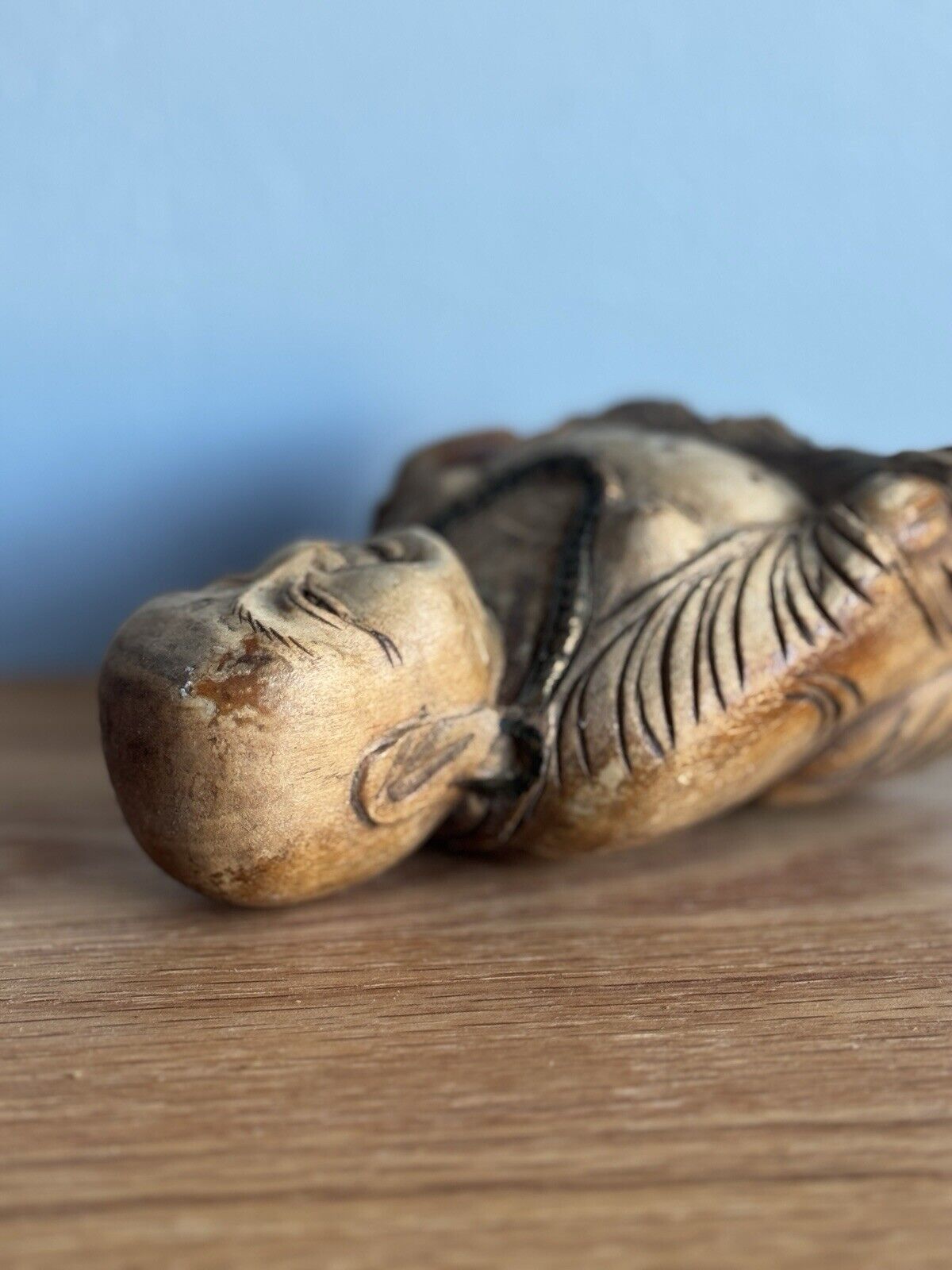 Antique Handcarved Wood Laughing Buddha Sculpture