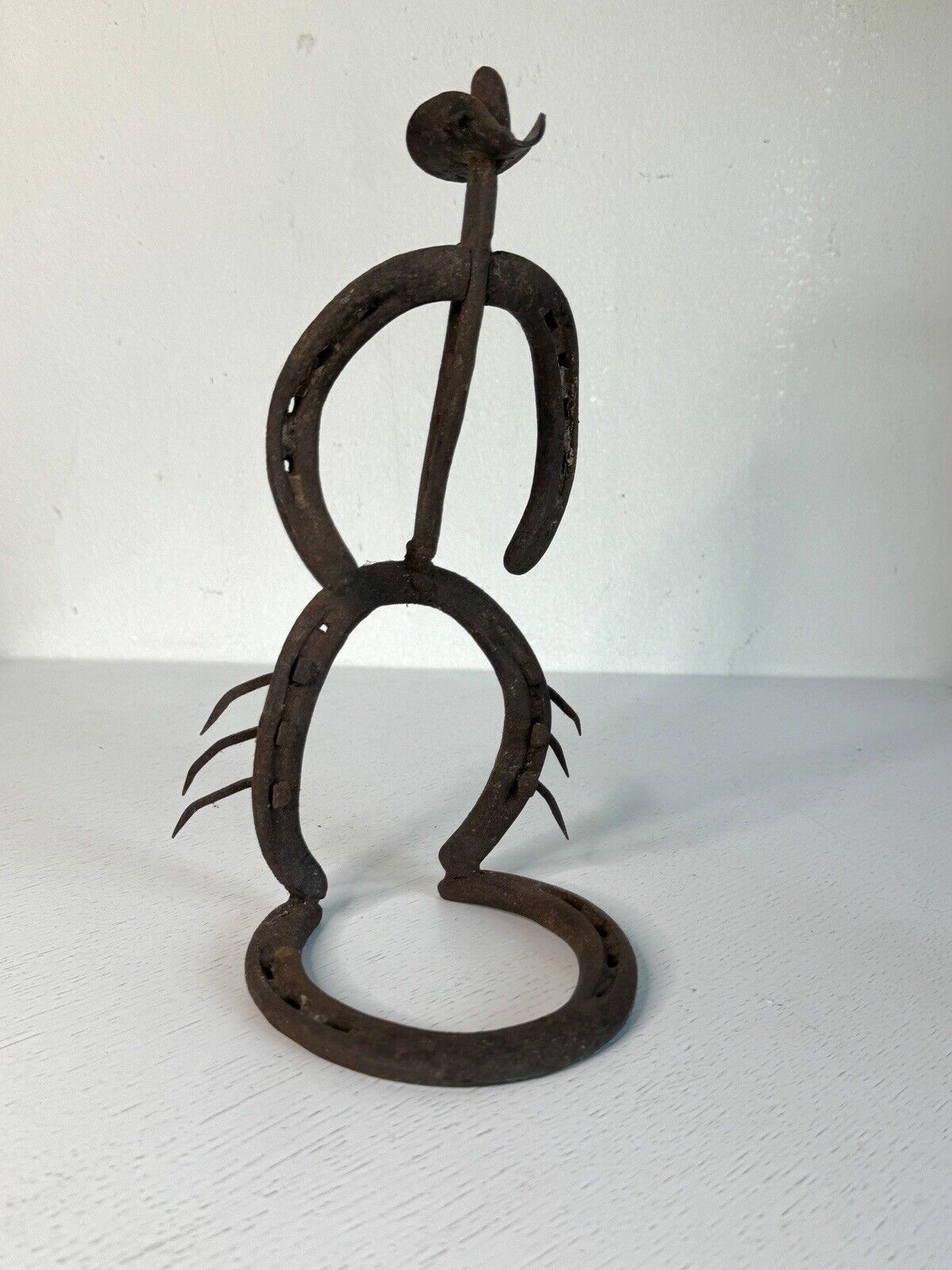 Vintage Horseshoe Bow Legged Cowboy Sculpture Metal Art MCM