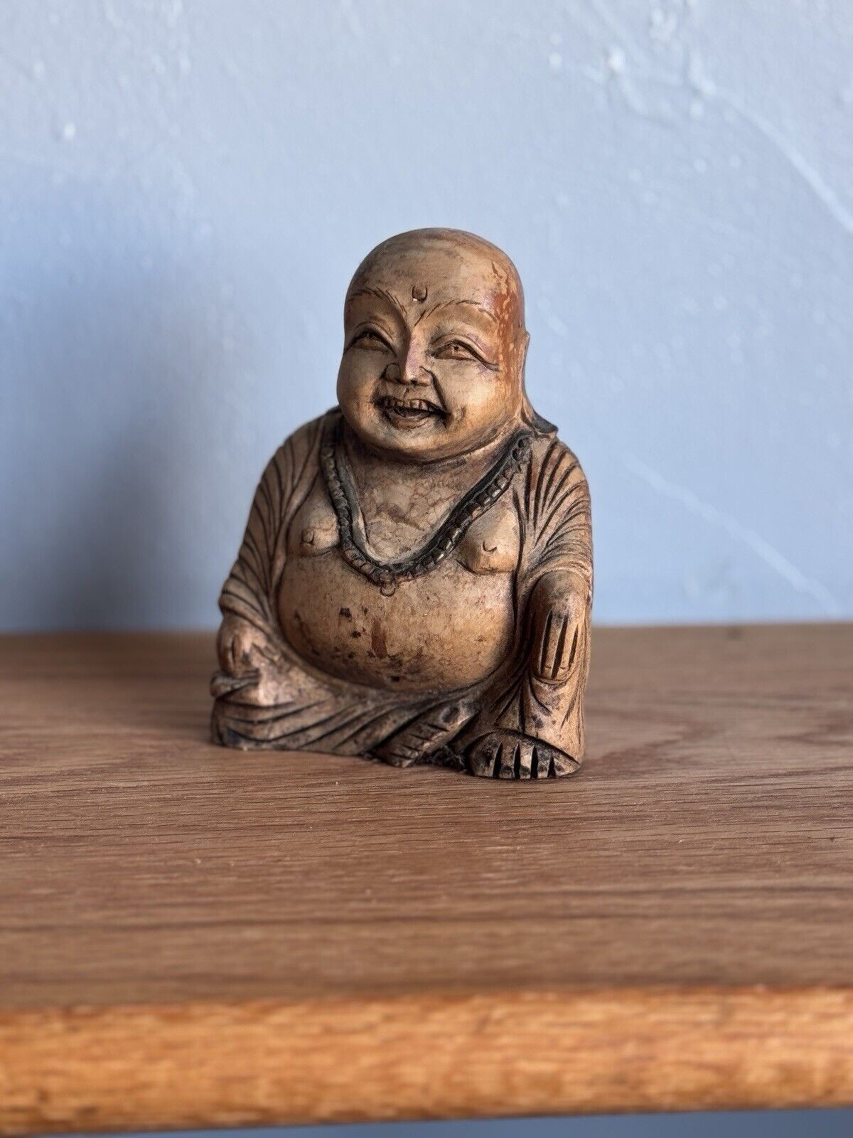 Antique Handcarved Wood Laughing Buddha Sculpture
