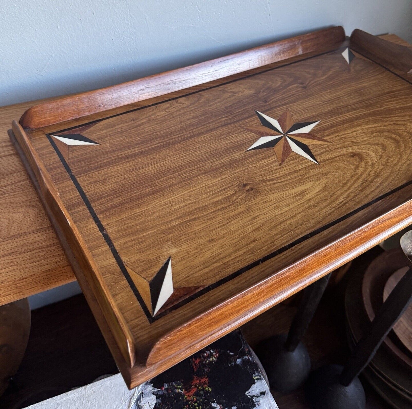 Vintage Austrian Marquetry Serving Tray Mixed Wood Star Inlay 20th Century