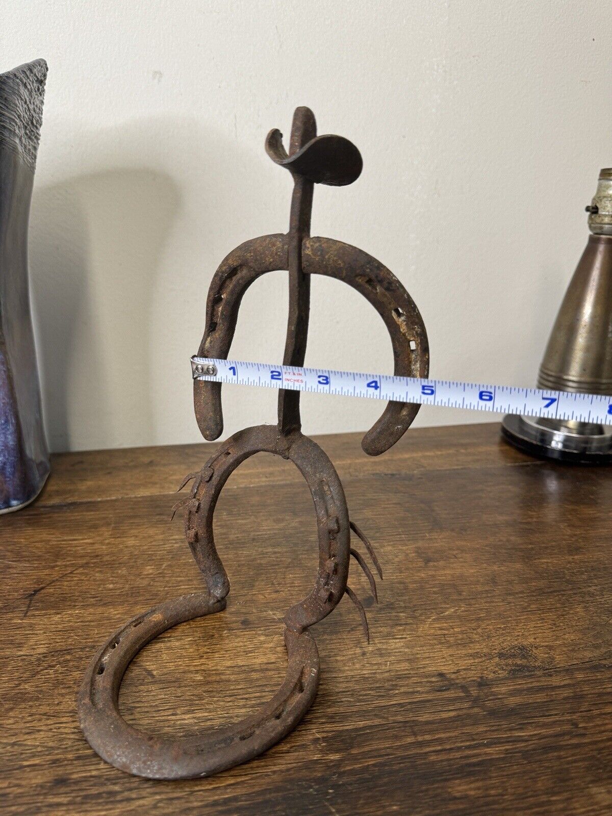 Vintage Horseshoe Bow Legged Cowboy Sculpture Metal Art MCM