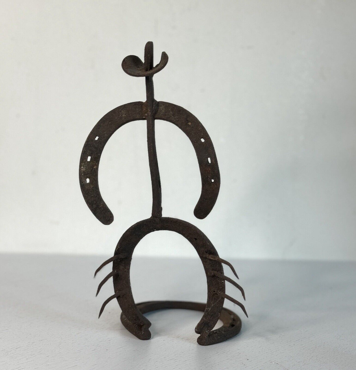 Vintage Horseshoe Bow Legged Cowboy Sculpture Metal Art MCM