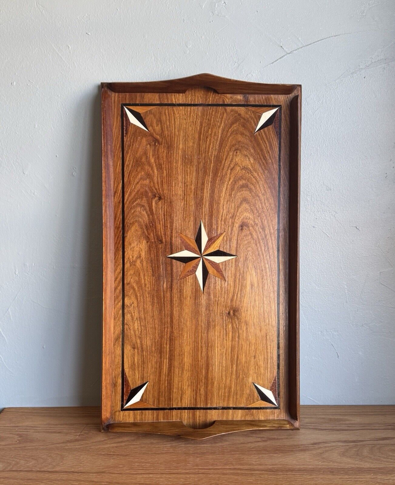 Vintage Austrian Marquetry Serving Tray Mixed Wood Star Inlay 20th Century