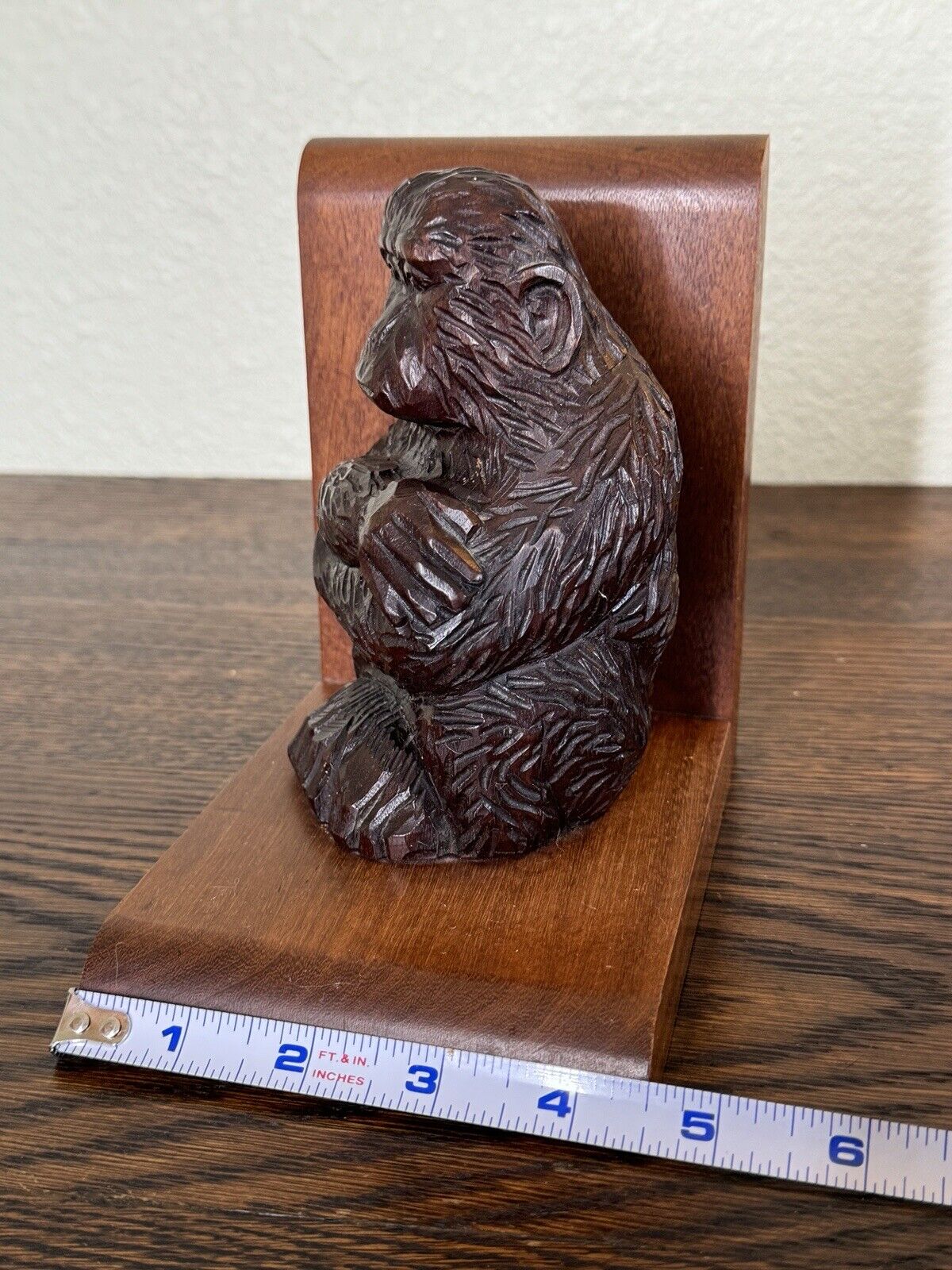 Monkey Bookend Hand Carved Solid Wood Bookend Vintage