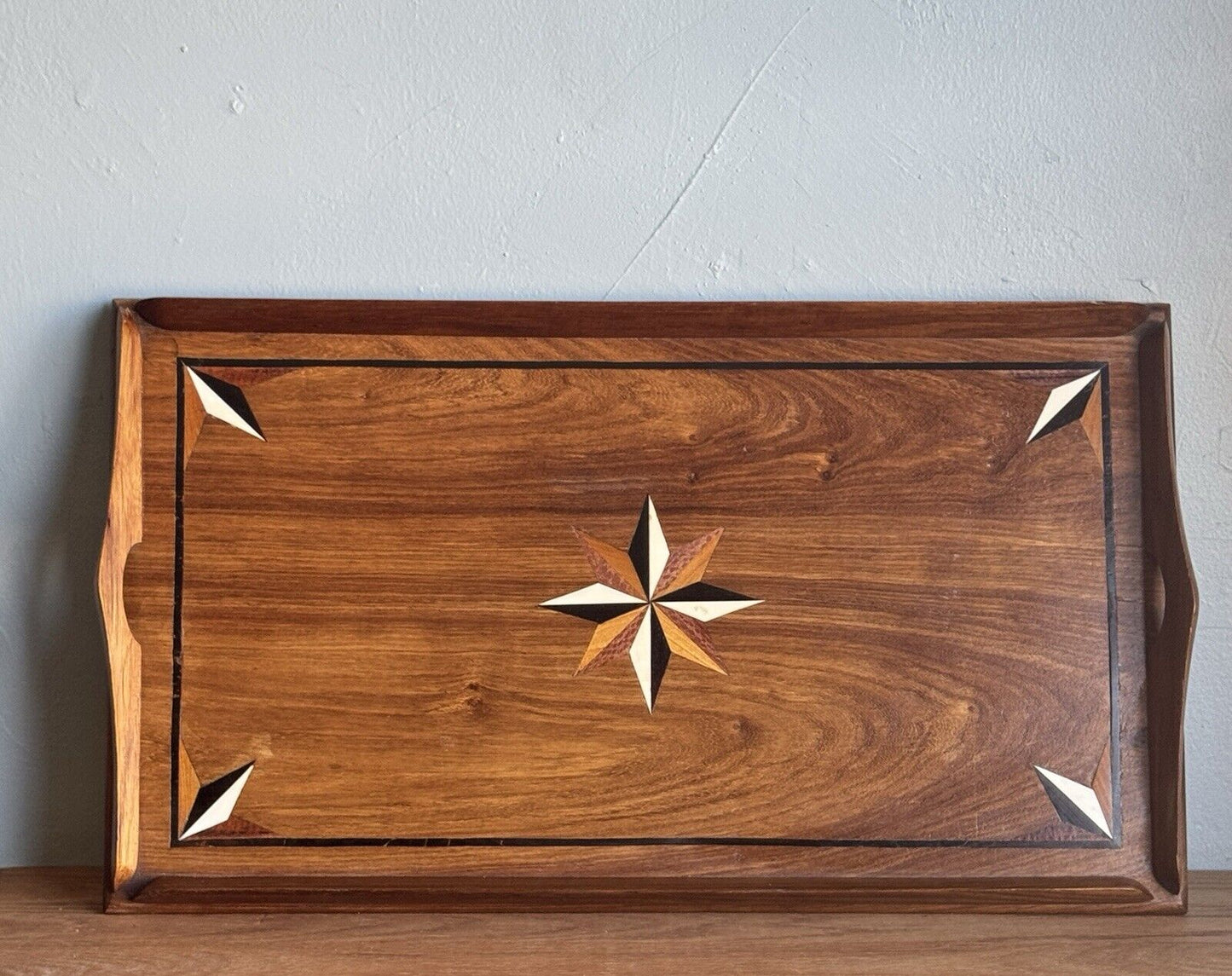 Vintage Austrian Marquetry Serving Tray Mixed Wood Star Inlay 20th Century