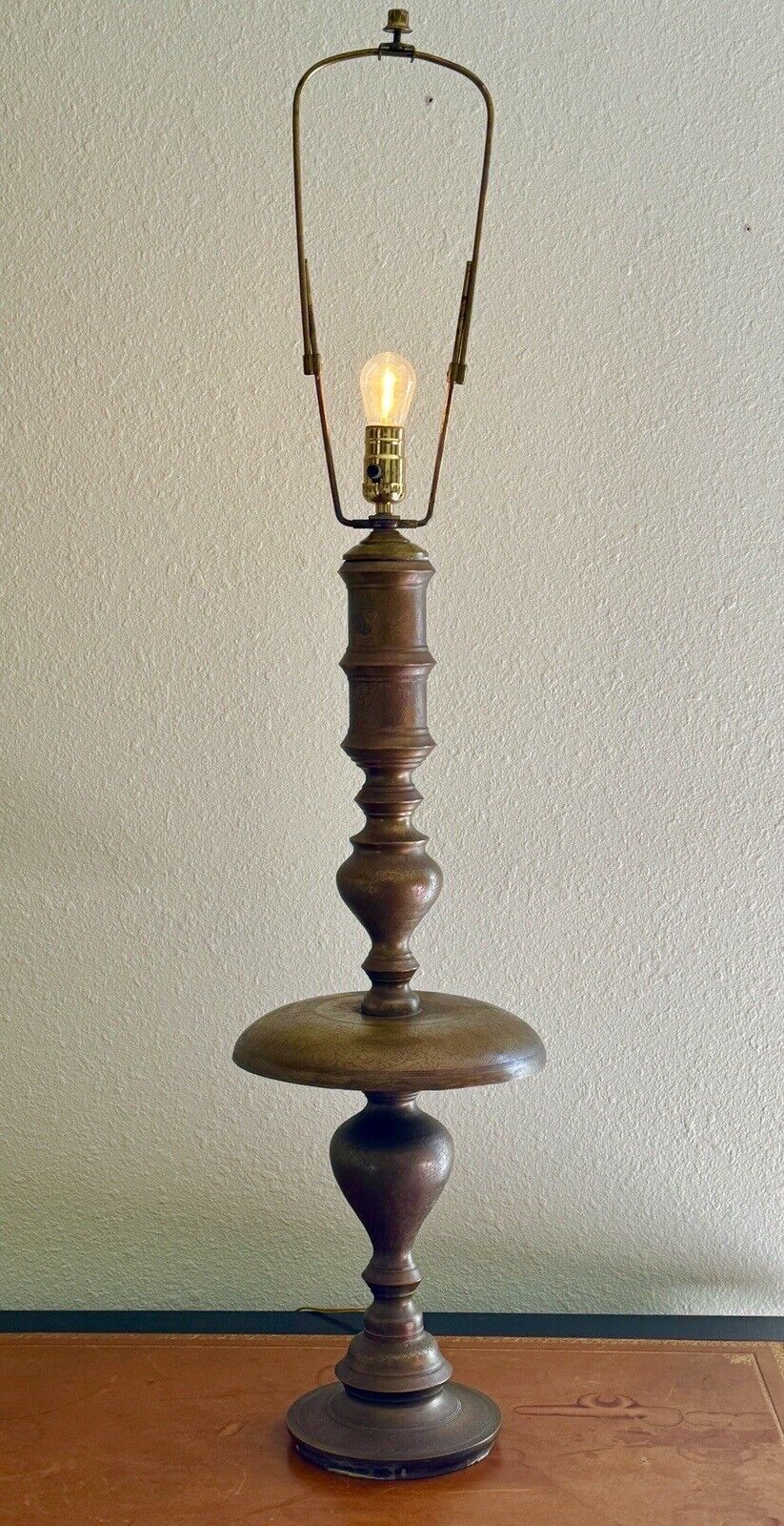 Vintage Mid Century Incised Brass Lamp 40” Tall