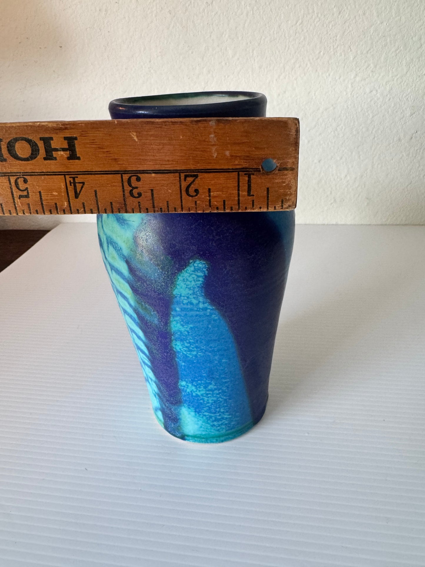 Vintage Blue Studio Pottery Vase Signed 8.75” Tall