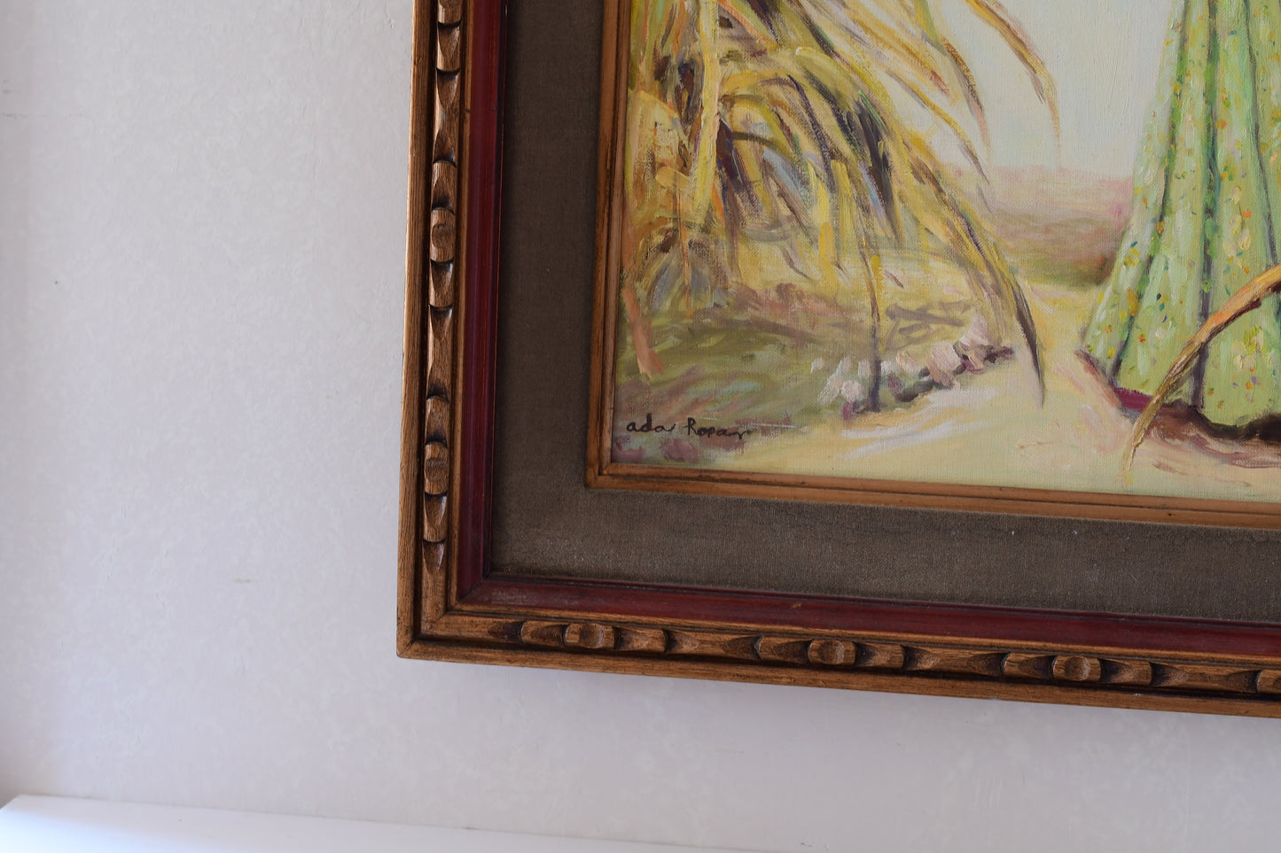 Original Navajo Women Oil Painting Collecting Corn Signed Ada