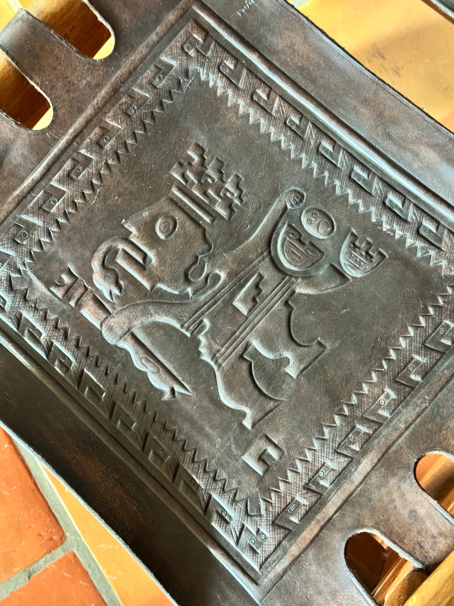 Mid Century South American Tooled Leather Safari Rocking Chair by Angel Pazmino