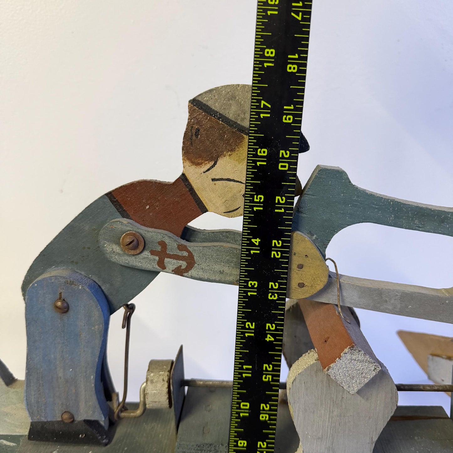 Vintage Mid Century Hand Carved Wooden Popeye Sailor Folk Art Whirligig 22” Long