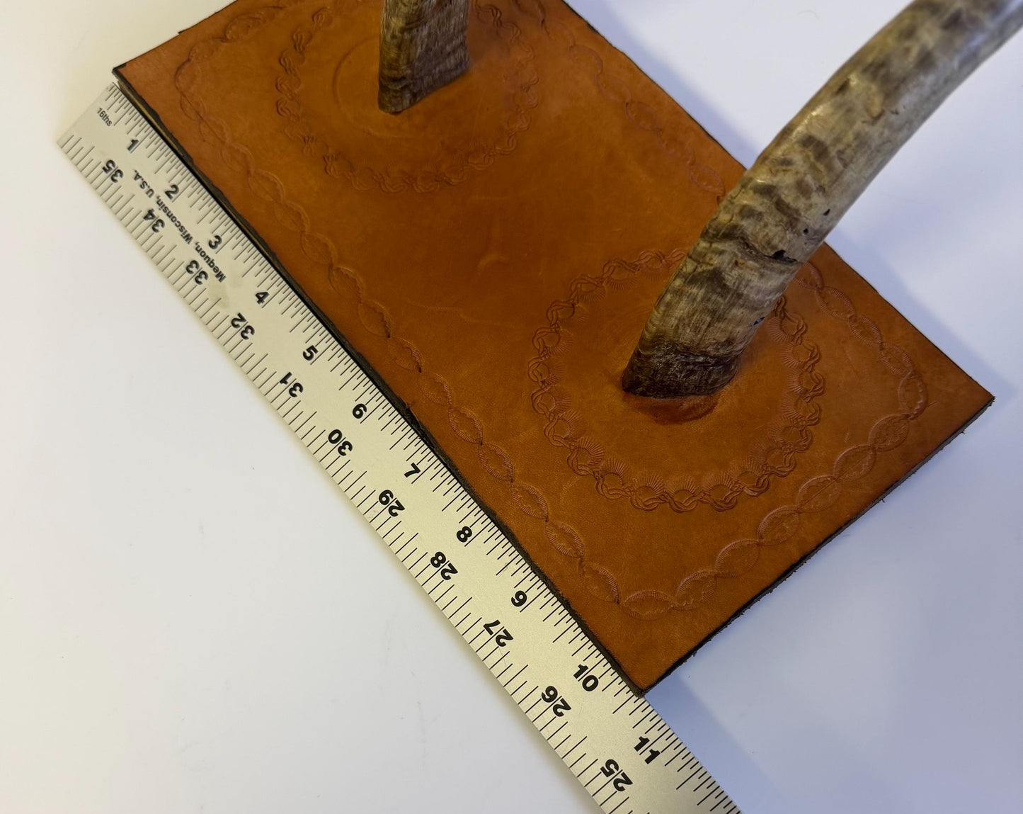 Vintage Hand Made Tooled Leather & Horn Wall Coat Rack