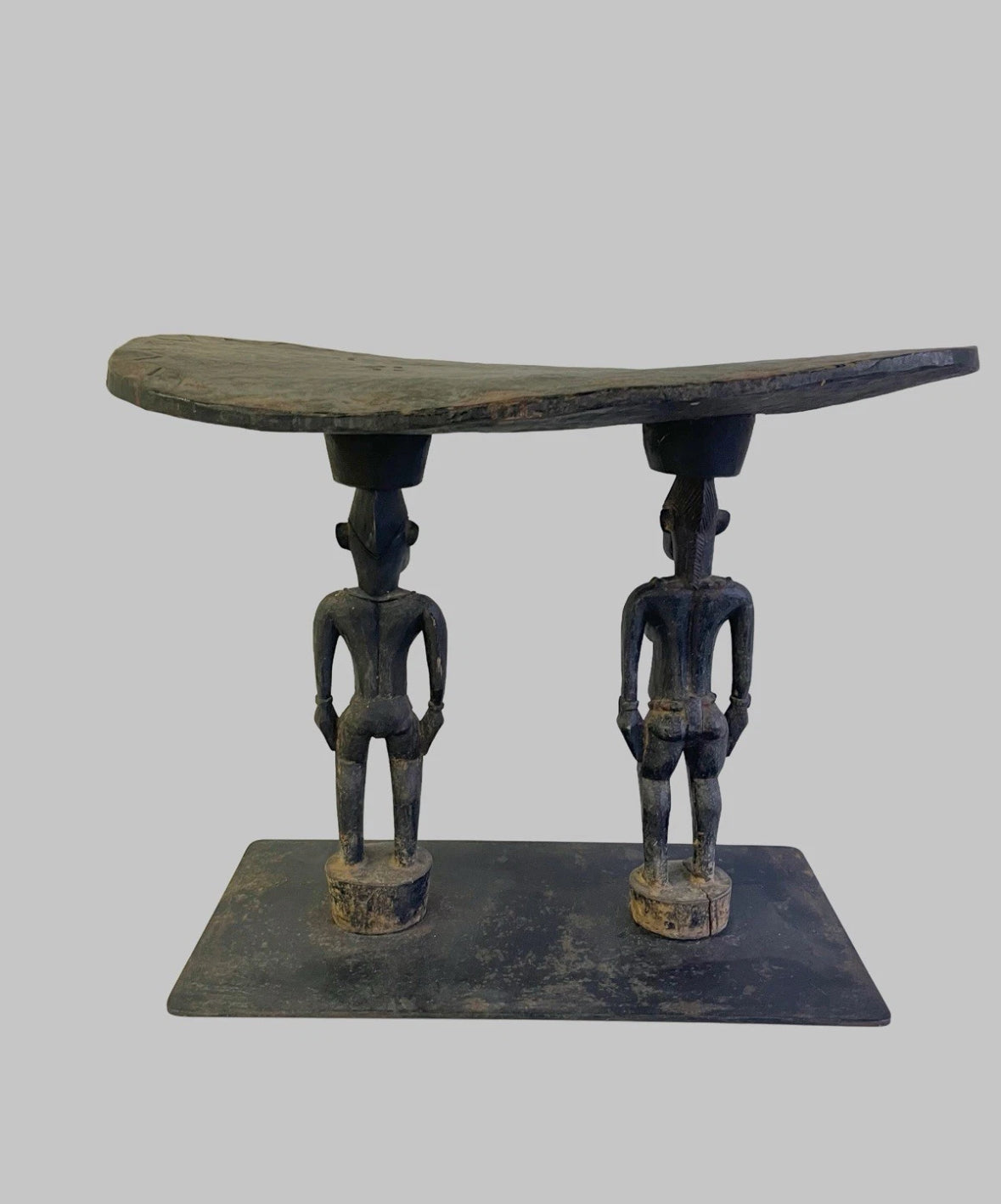 Antique African Primordial Couple Man & Women Hand Carved Wood Stool Bench