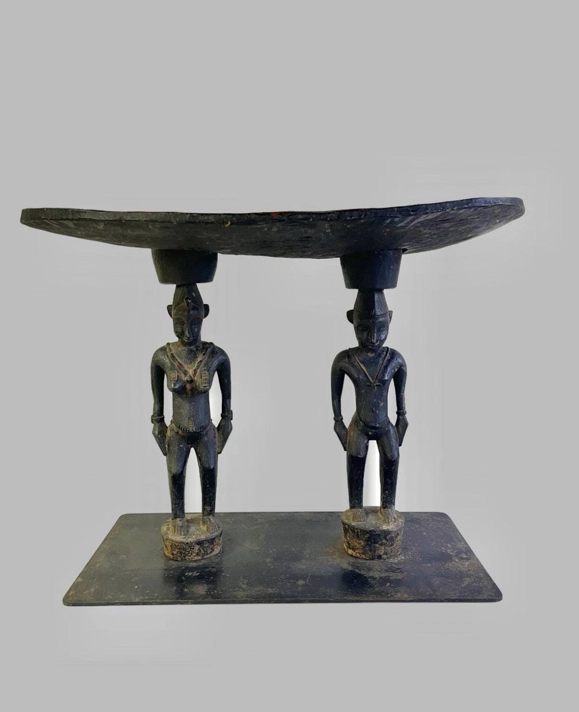 Antique African Primordial Couple Man & Women Hand Carved Wood Stool Bench