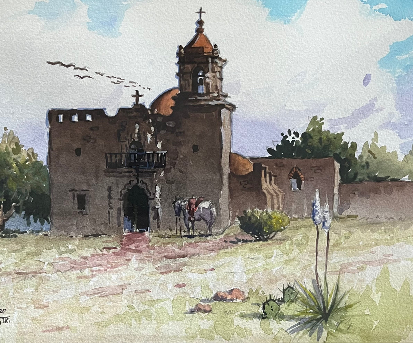 Original Lorenzo Castaneda Texas Mission Original Water Color Painting