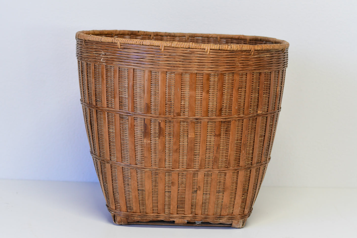 Vintage Mid-Century Era Chinese Bamboo Woven Basket Planter Chinoiserie