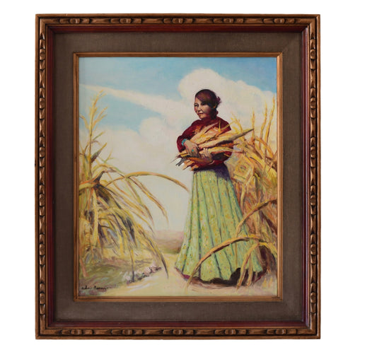 Original Navajo Women Oil Painting Collecting Corn Signed Ada