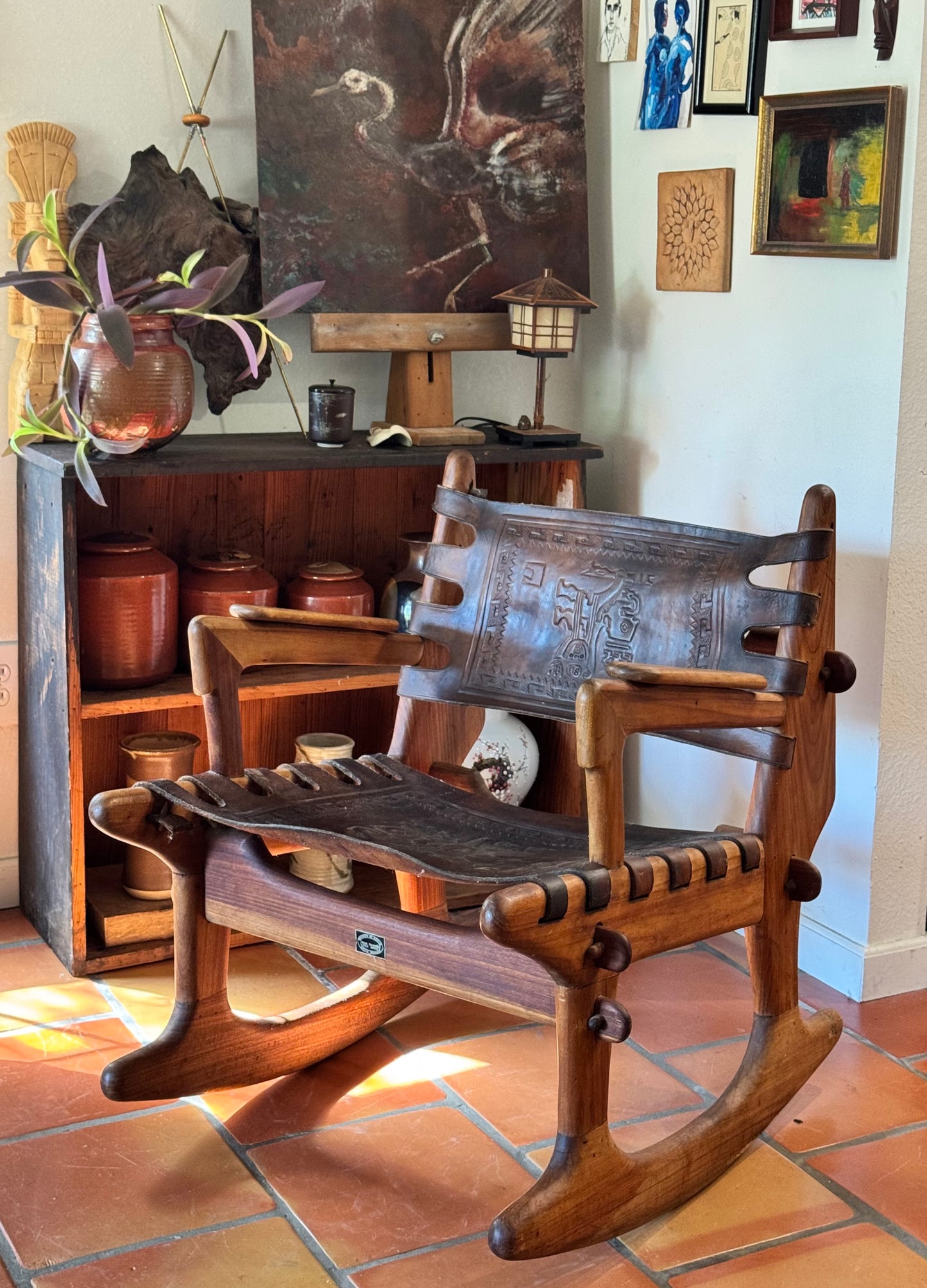 Mid Century South American Tooled Leather Safari Rocking Chair by Angel Pazmino