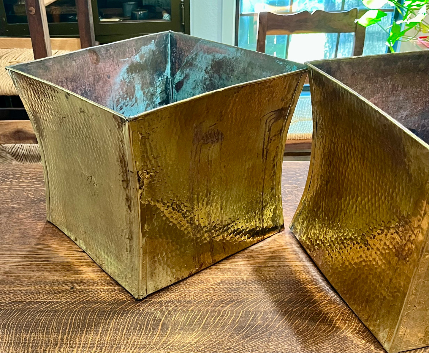 Vintage Pair Of Italian Hammered Brass Jardiniere Planters