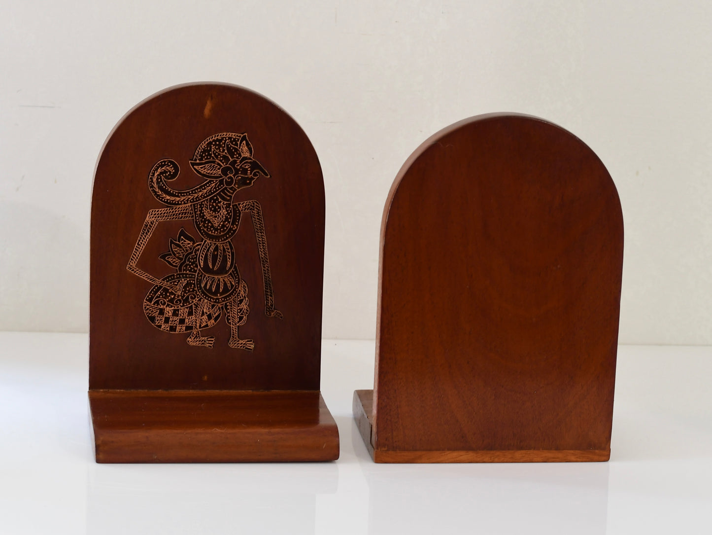 Vintage Indonesian Teak Bookends With Copper Batik Stamp Inlay