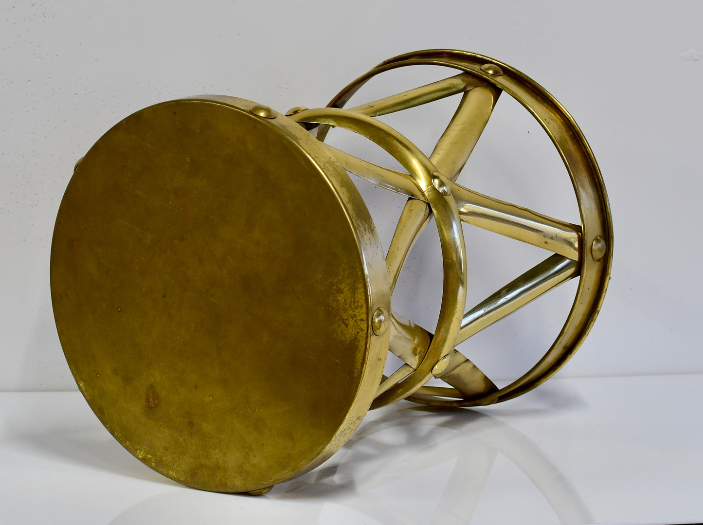 Vintage Hammered Brass Lattice Drum Table Garden Stool HK