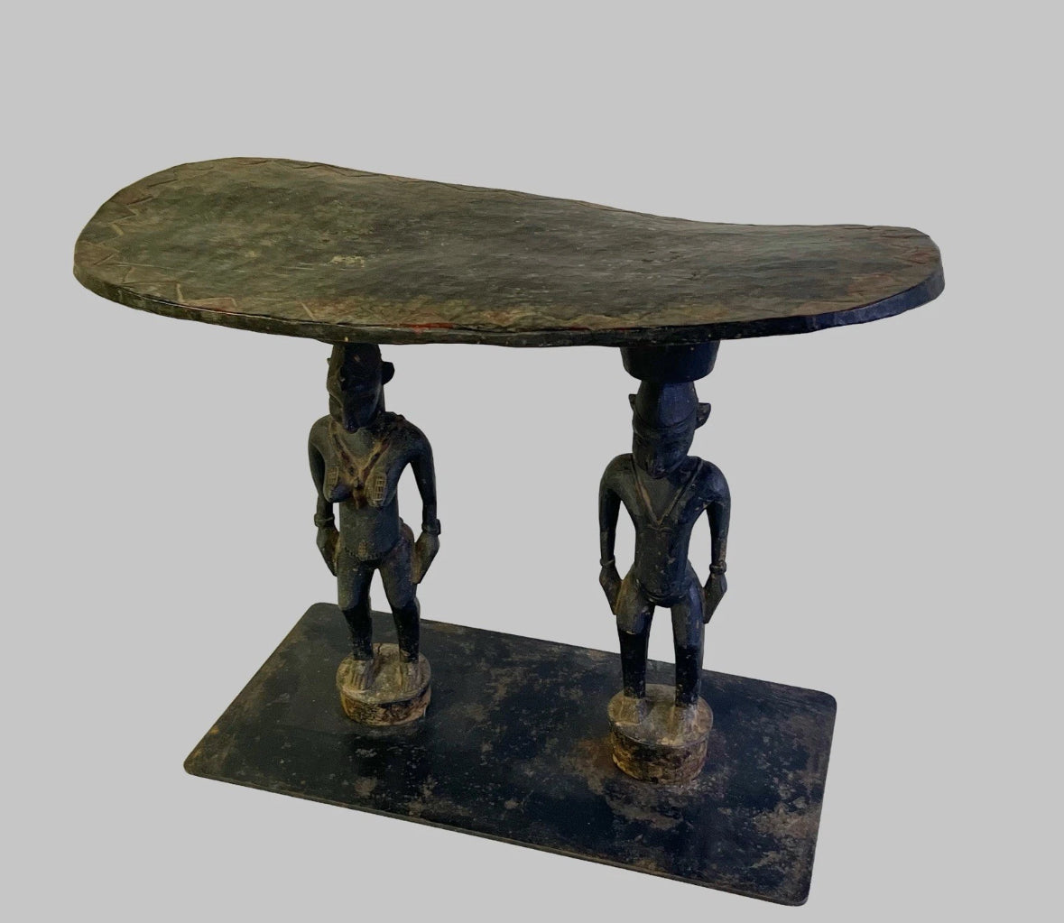 Antique African Primordial Couple Man & Women Hand Carved Wood Stool Bench