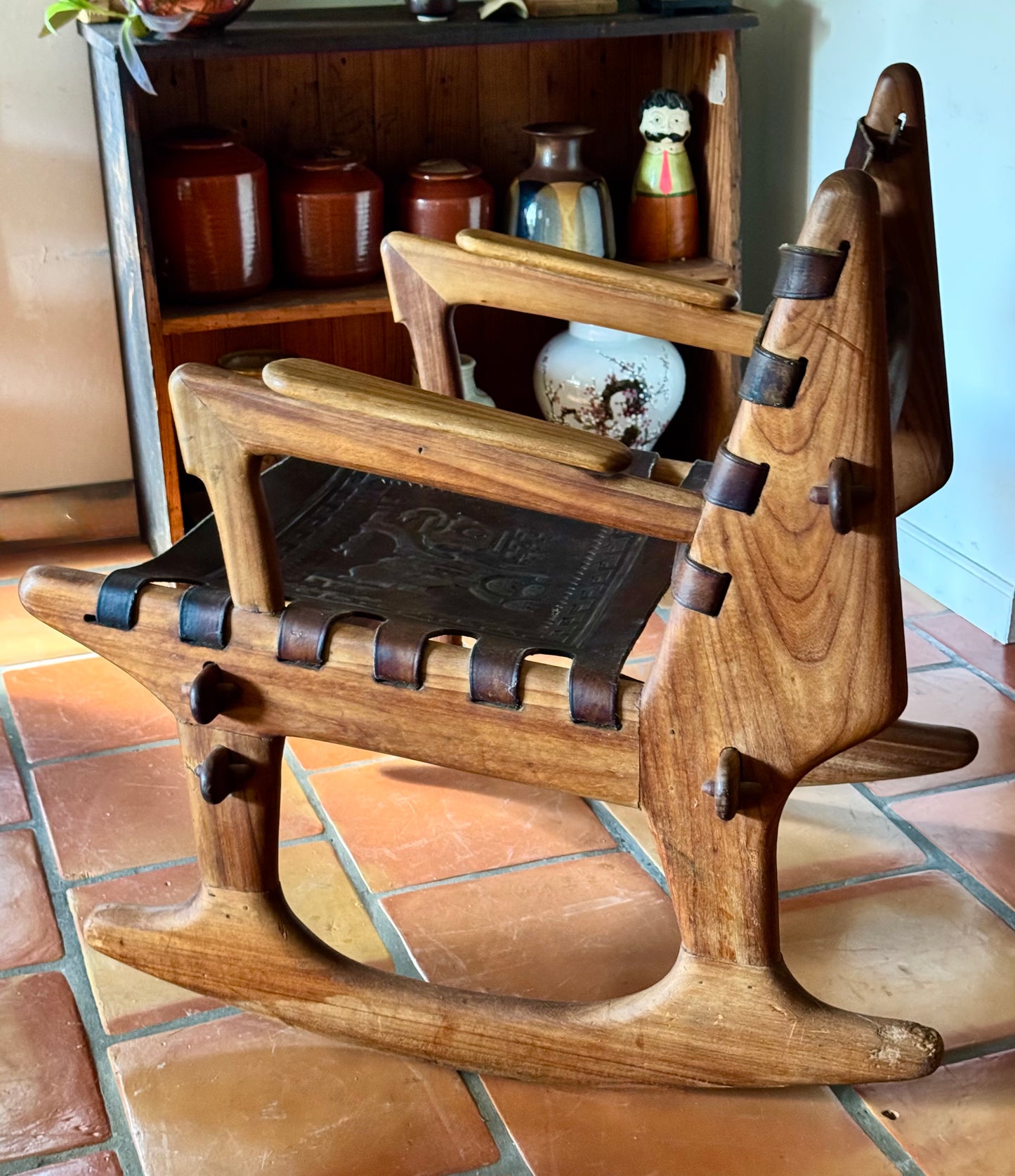 Mid Century South American Tooled Leather Safari Rocking Chair by Angel Pazmino