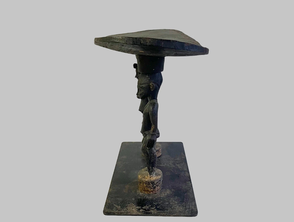 Antique African Primordial Couple Man & Women Hand Carved Wood Stool Bench