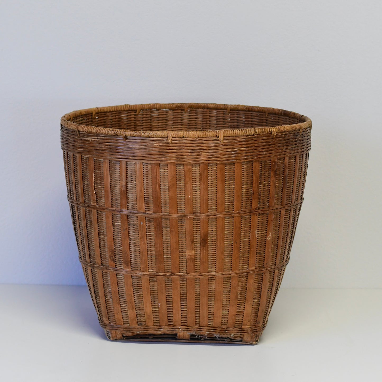 Vintage Mid-Century Era Chinese Bamboo Woven Basket Planter Chinoiserie