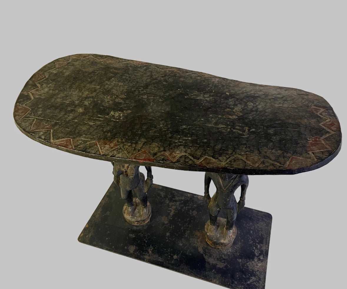 Antique African Primordial Couple Man & Women Hand Carved Wood Stool Bench