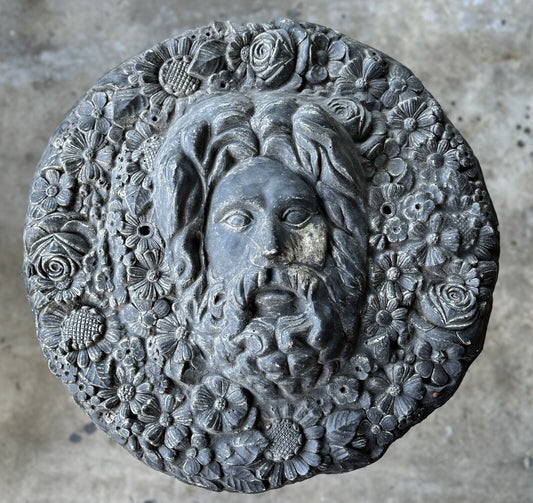 Vintage Cast Concrete Cement Figural Floral Face Sculpture Plaque 19” Diameter