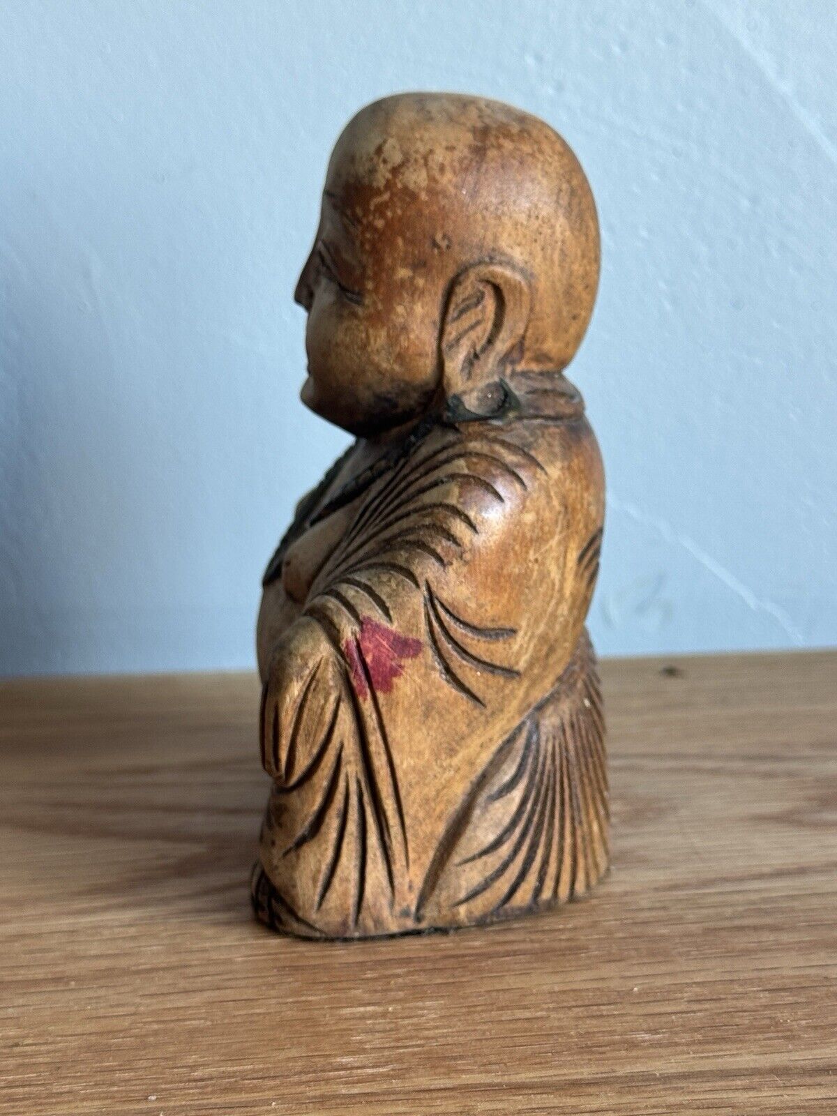 Antique Handcarved Wood Laughing Buddha Sculpture