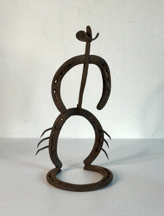 Vintage Horseshoe Bow Legged Cowboy Sculpture Metal Art MCM